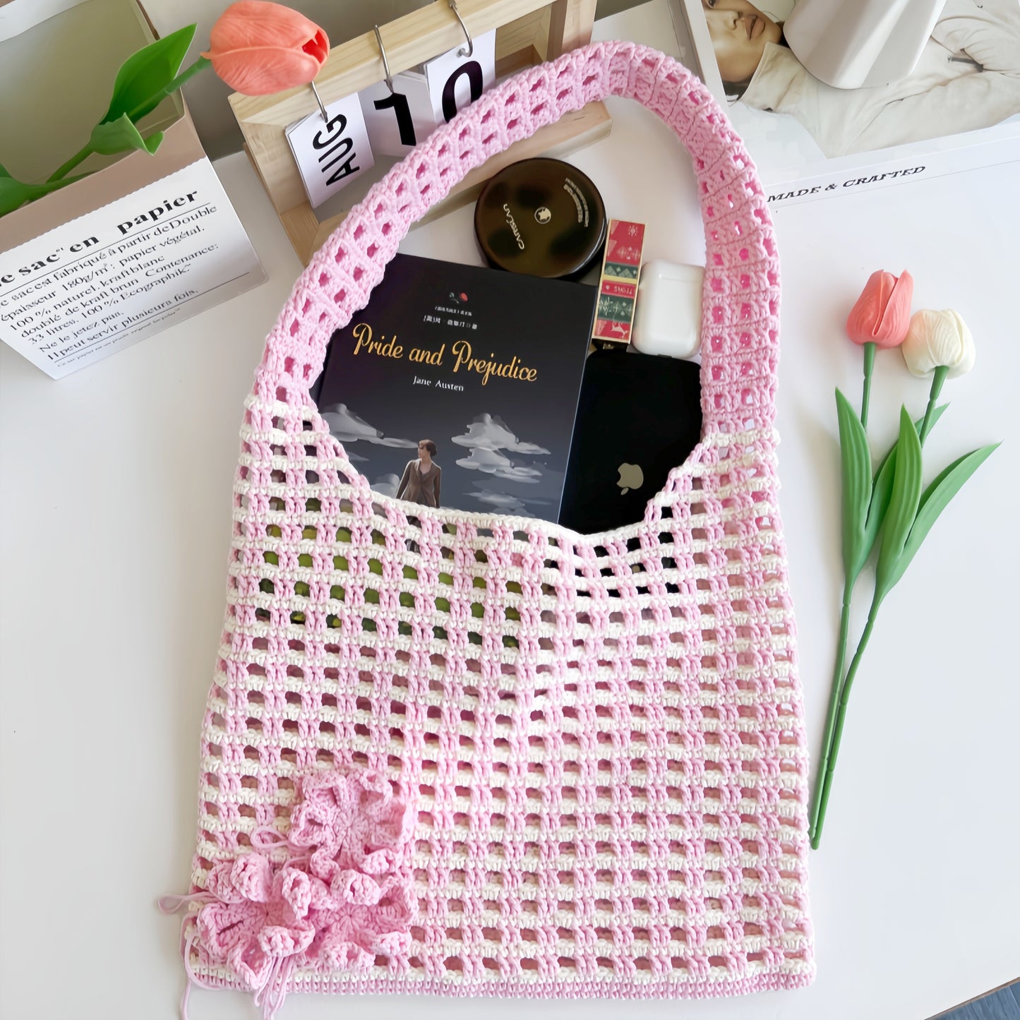 Crochet colorant hollow flower bag